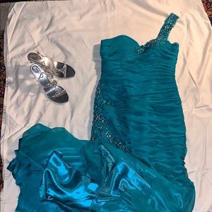 teal jeweled mermaid style prom dress